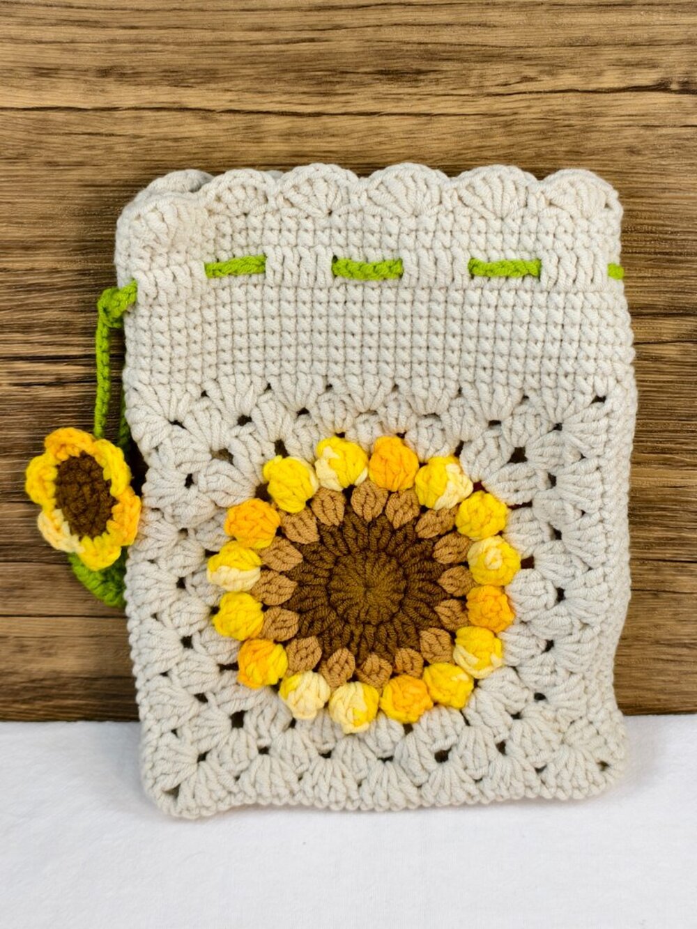 Handmade Crochet Bag Beige Sunflower Phone Pouch